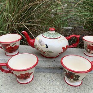 Grasslands Road Ceramic Tea Pot 5-pc Set Red Flowers Christmas Winter Holiday
